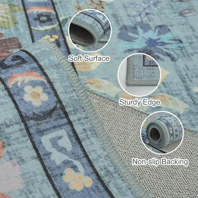 Vasofe 4x6 Area Rug for Bedroom, Washable Rugs for Living Room, Laundry, Kitchen, Vintage Floral Indoor Non Slip Carpet Farmhouse Blue Throw Carpets Soft Low Pile Mat for Dorm Bedside Office