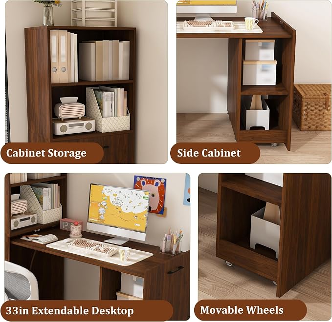 Walnut Murphy Desk with Storage Shelves, Wood Folding Desks for Small Spaces, Expandable Hideaway Computer Desk, Space Saving Pull Out Study Table for Bedroom Apartment (Walnut,)