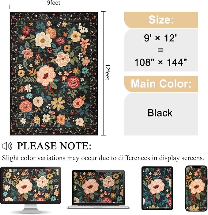DUKINO 9x12 Area Rug, Floral Rugs for Living Room, Lightweight Non Slip Washable Rug, Indoor Low Pile & Non-Shedding Boho Design Rugs for Bedroom, Living Room, Dining Room, Black