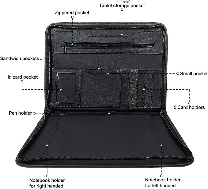 Zippered Padfolio Portfolio Binder, Leather Business Portfolio, & 8.5 x 11 Legal Pad, Office Supplies Organizer, Black Zippered Pocket, Planners, Resume, Briefcase for Travel and Interview