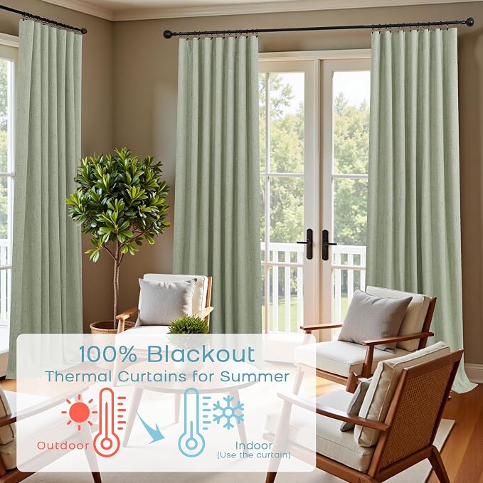 KOUFALL Extra Long Linen Blackout Boho Farmhouse Curtains 102 Inches Long Sage Green Back Tab Pleated Black Out Floor to Ceiling Curtains for Living Room Bedroom