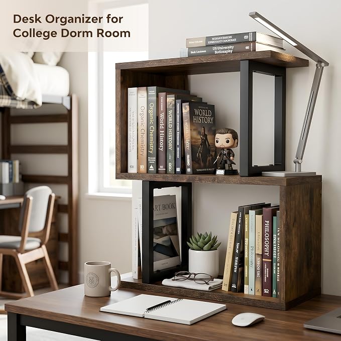 Desk Organizer & Desk Hutch Shelf, Wood, Rustic Brown | Dorm Desk Hutch, 3-Tier, Desktop Organizer Shelf Storage Unit, for Home, Dorm, Office