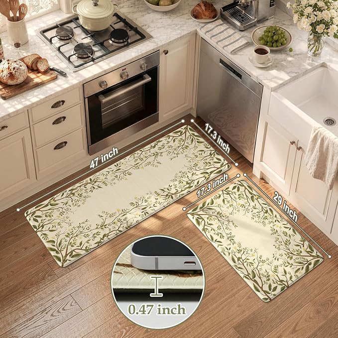 KIMODE Anti Fatigue Kitchen Mats for Floor 17"x47"+17"x29", Farmhouse Leaf Kitchen Rugs Sets of 2, Cushioned Kitchen Floor Mats, Buttercream Laundry Room Rugs for Sink Desk Kitchen Decor Bedroom