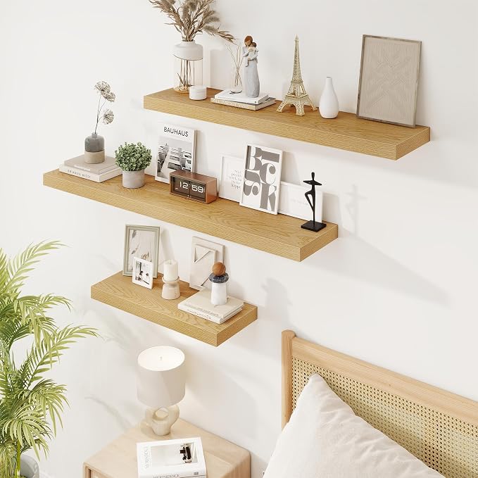 30in Floating Shelves for Wall, 30"W x 9.25"D x 1.25"H, 2 Pack Long Wall Mounted Engineered Wood Shelves with Invisible Brackets for Living Room, Bedroom, Bathroom, Kitchen Decor and Storage, Oak