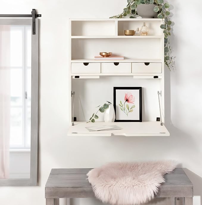 Kate and Laurel Georgie Rustic Wood Floating Desk; 26 x 6 x 30; White; Transitional Computer Desk for Home Office with Folding Design