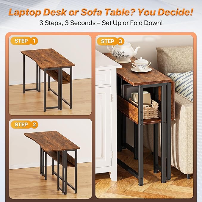 Huuger Folding Desk with Storage Shelf, 39.3 Inch Foldable Computer Table for Small Spaces, Space Saving Sofa Table for Couch, Writing Work Office Computer Desk, Easy to Fold, Rustic Brown