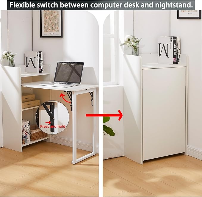 Fold Out Desk with Storage and Built-in Outlet, Mid Century Foldable Desk for Small Spaces, Hidden Folding Table for Home Office or Bedroom (White)