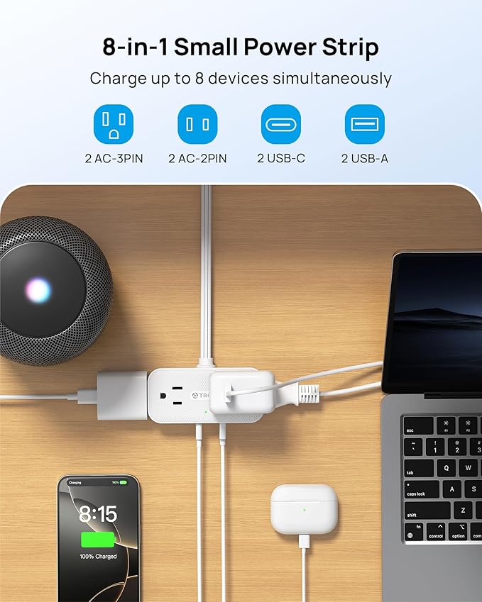 TROND Flat Plug Power Strip 5FT, Small Flat Extension Cord with Multiple Outlets, 4 AC and 4 USB Ports (2 USB C), Wall Mount 900J Surge Protector for Home Office Travel Dorm Room Essentials, White
