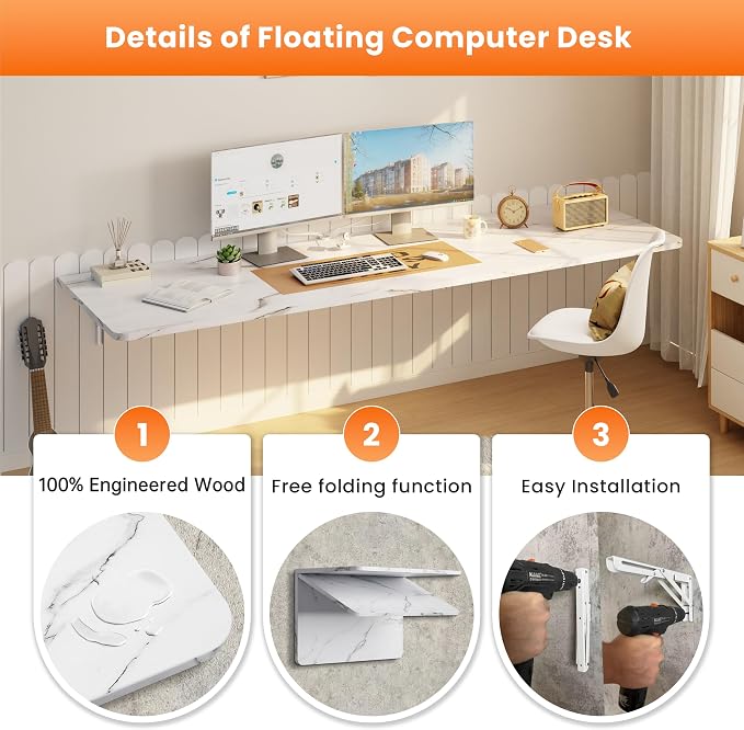 IAE Wall Mounted Floating Foldable Desk 72" x 22" Folding Computer Workstation Table with Engineered Wood and Metal Shelf Brackets,Fold&Floating Design for Home Office, Apartment,Laundry Room,White