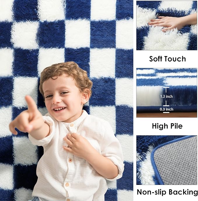 KICMOR Rugs for Living Room, Soft Fluffy Checkered Shag 5x8 Area Rug Large Big Fuzzy Shaggy Bedroom Plush Carpet, Navy Blue and Cream White Rug for Kids Boys Girls Dorm Nursery Home Decor Aesthetic