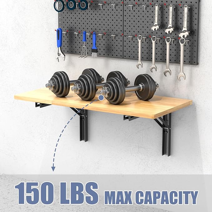 WALMANN Space Saving Wall Mounted Folding Workbench with Pegboard Kit, Heavy Duty Folding Wall Table/Desk for Garage, Workshop, Holds Up to 150 lbs(Tabletop Size: 31.5 x 15.75 in)