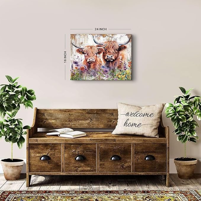 Rustic Cow Pictures Wall Decor Bathroom Farmhouse Highland Cow Wall Art Living Room Vintage Wildflower Cattle Poster Bedroom Farm Animal Canvas Prints Modern Artwork Kitchen Bed Home Decoration 16x24”