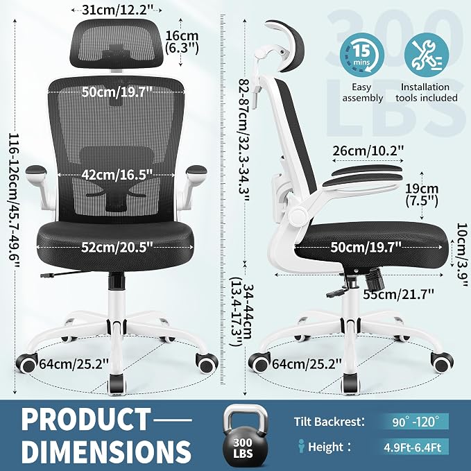 FelixKing Office Chair, Desk Chair with Adjustable Lumbar Support, Ergonomic Computer Chair with High Back and Armrest, Adjustable Height Gaming Chair Home Office Swivel Chair(White)