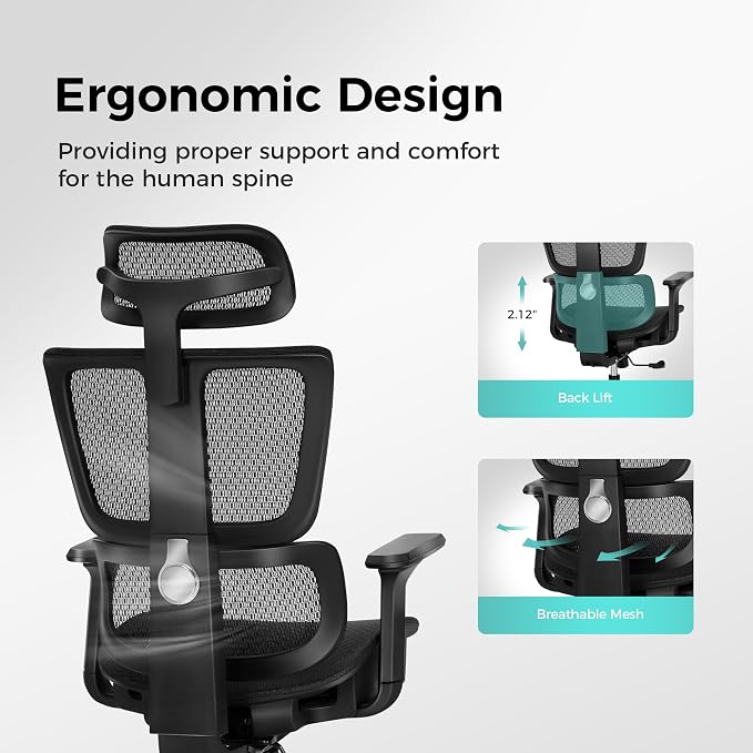 ALPHA HOME Ergonomic Office Chair, High Back Mesh Computer Chair, Footrest | Black Task Chair with Lumbar Support, Adjustable Height&Headrest&Flip-Up Armrest, 360° Swivel Wheels, SGS Certified