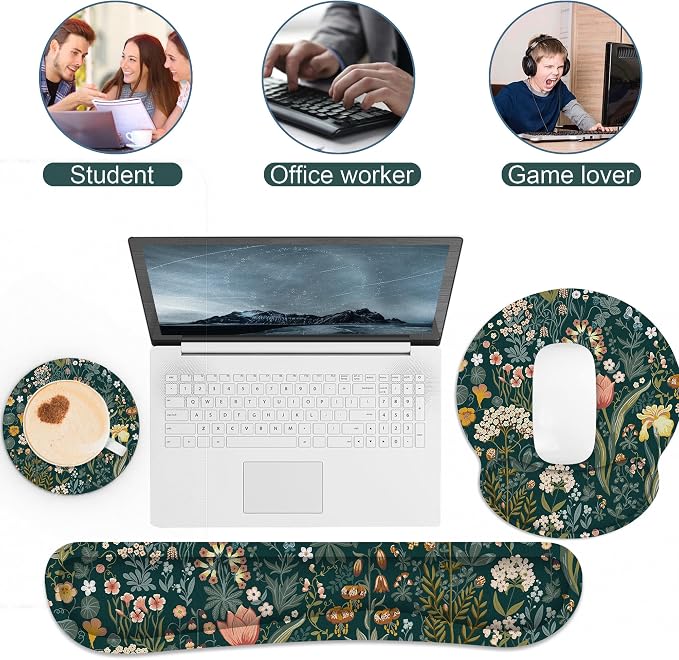 Ergonomic Mouse Pad with Wrist Rest and Keyboard Wrist Rest, Mousepad and Wrist Rest for Computer Keyboard, Pain Relief, Non-Slip Rubber Base, Mouse Pad Wrist Support for Gaming, Green Flowers