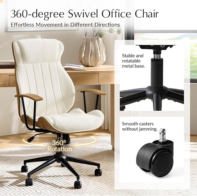 HULALA HOME Solid Wood Office Chair with High Backrest, Ivory | Mid Century Modern Bentwood Desk Chair with Tilt Function, Swivel Fabric Computer Task Chair, Height Adjustable, Metal Base