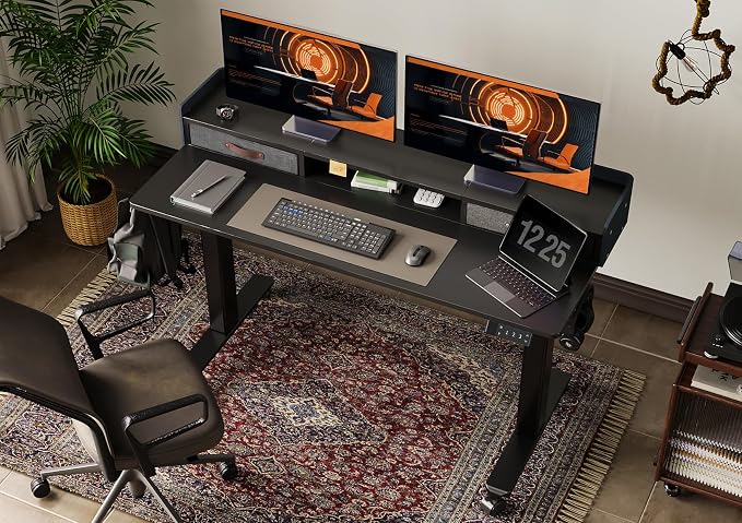 Claiks Standing Desk with Drawers & Wheels, 2 Height Shelf 63" Black | 2 height adjust shelf, tabletop drawers, felt fence design, sturdy supports 176 lbs, 4 wheels, 2 tire monitor stand