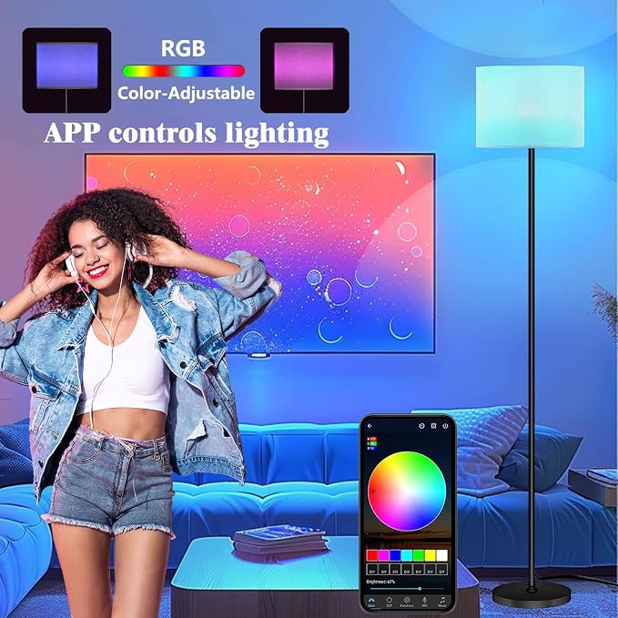 Qaubauyt Smart LED Floor Lamp with APP Control & RGB Colors - Dimmable Standing Lamp for Living Room, Bedroom, Gaming - Remote, Timer, 9W Bulb Included, 60.6" Modern Tall Lamp (White)