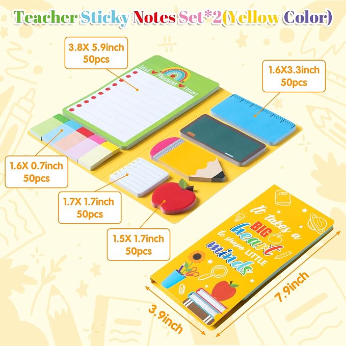 Xqumoi 2 Pack Teacher Themed Sticky Notes Set - Blackboard Pencil Apple Shape Self-Stick Note Pads Teacher Appreciation Gift Writing Memo Pads Page Marker School Office Supplies, 550 Sheets (Yellow)
