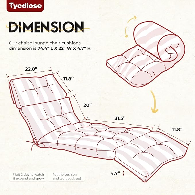 Outdoor Chaise Lounge Chair Cushion Set of 4, Waterproof 74.4 x 22 x 4.7 Inches Memory Foam Thickened Lounge Chair Cushions Replacement for Outdoor Furniture with Ties, Stripe Red&White
