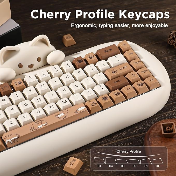 YUNZII Coffee Cat Dye Sub PBT Keycaps,152 Full Keys Dye Sublimation Custom Keycap Set with Key Puller for Cherry Gateron MX Switches Mechanical Gaming Keyboard (Cherry Profile, Coffee Cat)