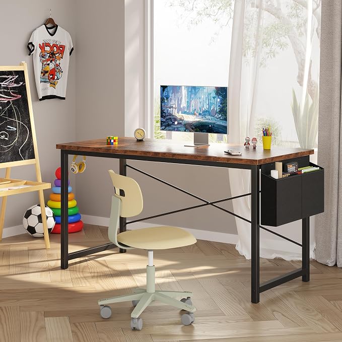 OLIXIS 55 Inch Computer Desk for Home Office, Writing Study Craft Gaming Table, Modern Computer Workstation with Storage Bag and Headphone Hook for Bedroom Small Spaces, Rustic Brown