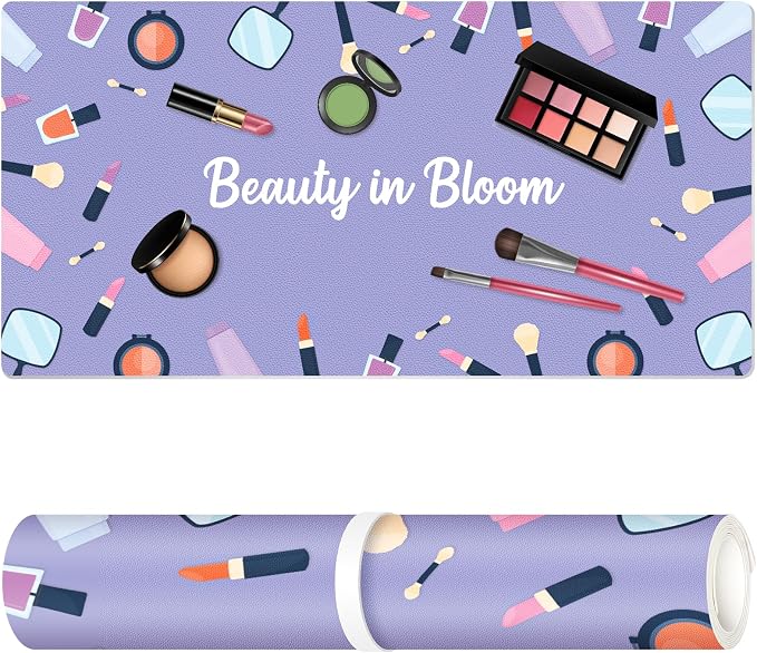 Dual-Sided Waterproof Synthetic Leather Makeup Mat for Desk, Makeup Station, Crafts, Multi-Use Scratch & Stain Resistant Surface Protector Pad for Vanity, Desktop, Craft Table (Purple Cartoon)