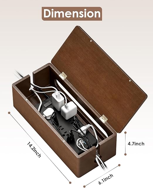 YECAYE Solid Wood Cable Management Box, Walnut Color, 14.2 x 6.1 x 4.1 | Magnetic Closure, For Power Strip & Wire Storage, Cord Organizer, Hide Cords, Home Office Decor,Cable Organizer Box