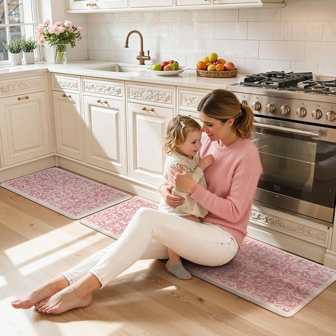 LEEVAN Pink Kitchen Mats for Floor Sets of 2, Vintage Distressed Anti Fatigue Memory Foam Kitchen Mat for Laundry,Non Slip Cushioned Standing Mat for Home, Office, Desk,Sink(17.3"x29"+17.3"x59")