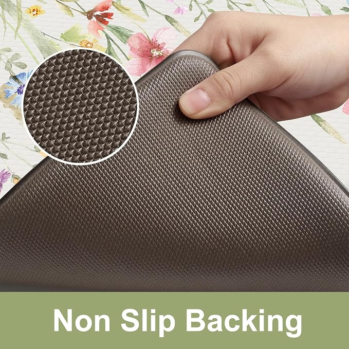 KIMODE Anti Fatigue Kitchen Mats for Floor, Farmhouse Floral Kitchen Rugs Set of 2, 17"x59"+17"x29" Kitchen Floor Mats Non-Slip, Cushioned Standing Mat for Sink, Laundry, Desk, Home White