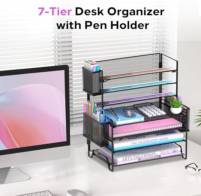 7-Tier Desk Organizer with 3 Pen Holders, Metal Letter Tray, Black | Metal Mesh File Organizer with 3 Side Holders for Paper, Notes, Pens and Office Supplies at Home, School or In the Classroom