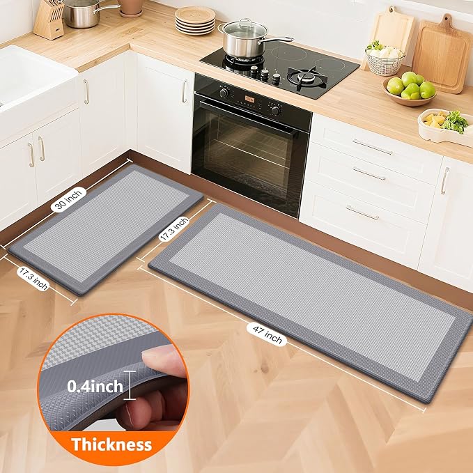 Kitchen Mats, 2PCS Kitchen Rugs for Floor, Cushioned Anti-Fatigue Mats for Kitchen Floor, Non-Slip Standing Desk Mat for Sink, Home, Laundry & Office, 17.3"x30"+17.3"x47" (Grey)