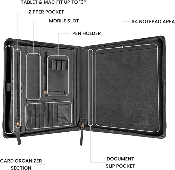 LEATHER VILLAGE Leather Portfolio Organizer - Professional Business Padfolio for Men & Women - Stylish Document Card Holder, Folio for A4/Letter Size Writing Legal Pad, Black
