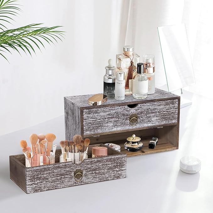 Wood Desk Organizer, Washed Brown Wooden Desktop Organizer with Drawer, Tabletop Storage Organization Box for Countertop, Home Office Supplies, Bills (2 Drawer)