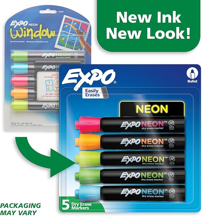 EXPO Neon Dry Erase Markers, Assorted, Bullet Tip, 5 Count - Fun, Vibrant Colors for Whiteboard, Glass, Acrylic, Home Organization
