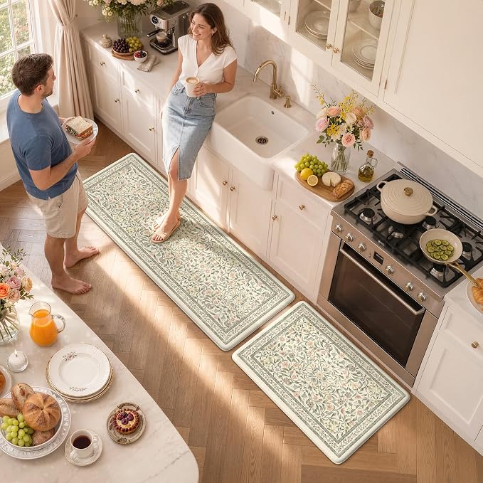KIMODE Anti Fatigue Kitchen Mats for Floor 2 Piece 20"x59"+20"x32", Boho Kitchen Runner Rugs Non Slip, Beige Cushioned Kitchen Floor Mats, Comfort Standing Mats for Sink, Waterproof Laundry Room Rug
