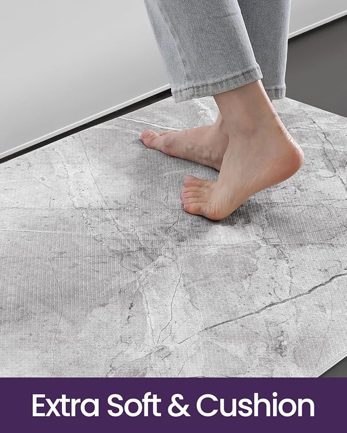 DEXI Kitchen Floor Mats Cushioned Anti Fatigue, 23x107 Light Grey Marble | Runner Rug Wide Standing Comfort, Waterproof Oil-proof, Memory Foam Padded for Front Sink Laundry