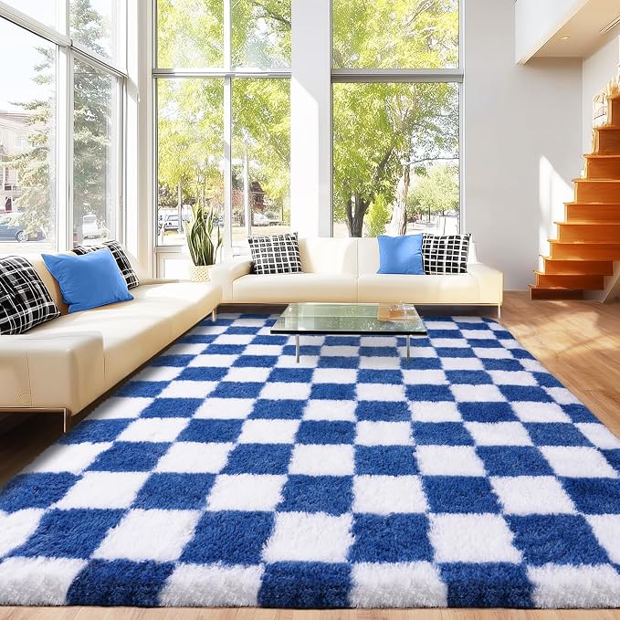 Area Rugs for Living Room Bedroom 8x10, Ultra Fluffy Shag Checkered Rug Modern Washable Carpet Soft Shaggy Non Slip Indoor Plush Fuzzy Rugs for Bedroom Dorm Office Home Aesthetic Decor, Navy and White