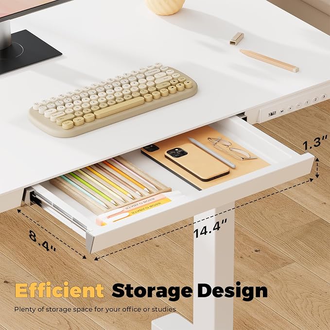 32" Electric Standing Desk with Drawer, Rolling Laptop Desk | Height Adjustable Quick Install One-Piece Tabletop with USB Charging Ports, Sit Stand Computer Desk for Small Space, White