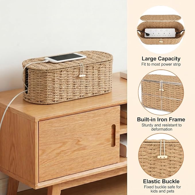Set of 2 Cable Management Box, Handwoven Cord Hider Box with 3 Open Slots | Cable Organizer Box with Lockable Lid, Cord Storage Box to Hide Power Strip, Router, USB Hub, TV Wires for Home, Office