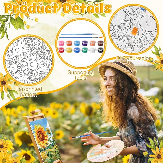 Blosssound 10 Set Pre Printed Canvas Pre Drawn Canvas Painting with Easel Kits 5" x 7" Outline Painting Panels for Beginners, DIY Craft Project, Home Decors(Sunflower)