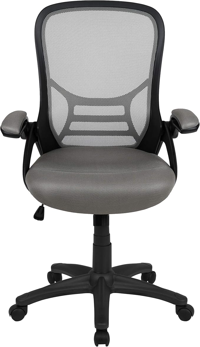 Flash Furniture Porter High-Back Swivel Office Chair with Adjustable Lumbar Support and Seat Height, Ergonomic Mesh Desk Chair with Flip-Up Armrests, Gray/Black