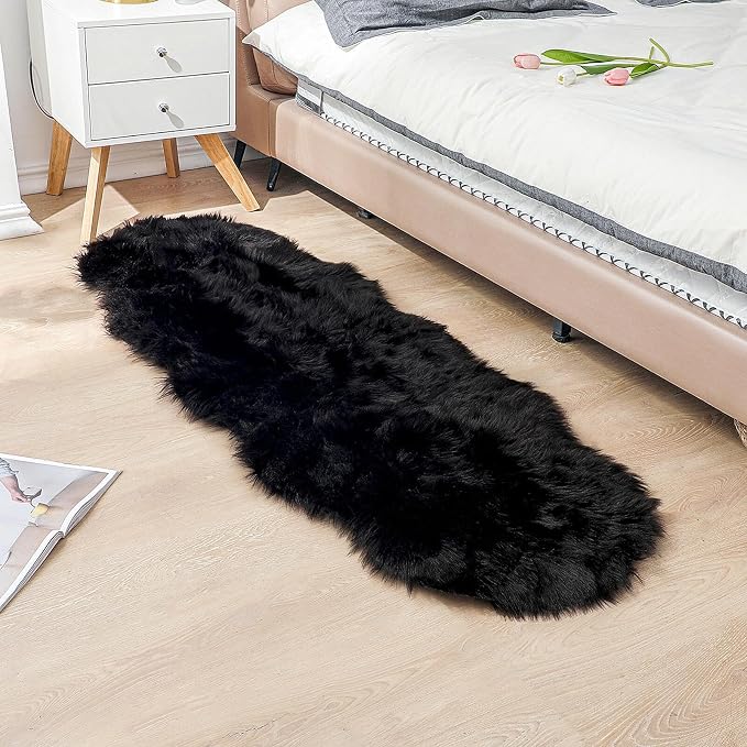 linmopm Faux Fur Rug Sheepskin Shag Fluffy Fuzzy Black 2x6 ft Runner Rugs for Bedroom Bedside Bed Floor Living Room Plush High-Density Cushion Carpet Super Sofa Cover | Shag Fluffy Fuzzy, High-Density Cushion, For Bedroom Bedside Living Room, Plush Carpet