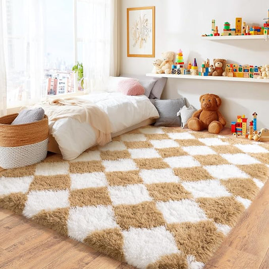 Checkered Rug for Bedroom 5x7, Ultra Fluffy Fuzzy Shag Area Rugs for Living Room, Anti-Skid Indoor High Pile Soft Rug Carpet for Living Room Bedroom Kids Room Nursery, Dorm Home Decor, White Camel