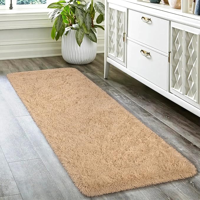HOMORE 2x6 Runner Rugs for Bedroom, Light Tan Runner Rug for Hallway Entryway Laundry, Modern Shag Bedroom Runner Cute Carpets for Kids Dorm Bedside