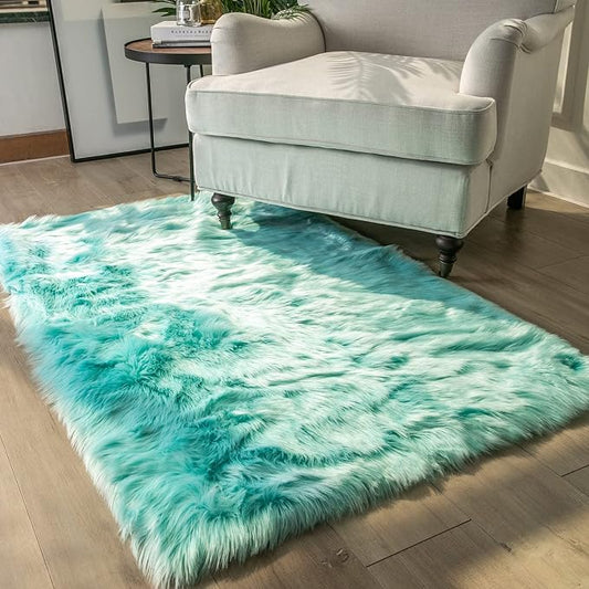 Ashler Faux Fur Area Rug, Fluffy Shaggy 3 x 5 Feet Rectangle Turquoise Fuzzy Machine Washable Shag Rug for Nursery, Kids & Living Room