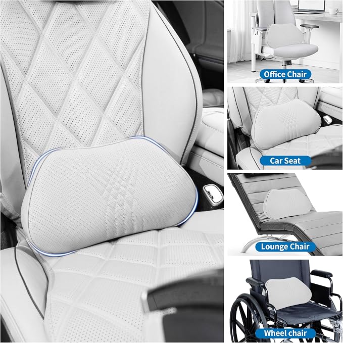 Lumbar Support Pillow for Car Seat, Office Chair, Off-White, 1PC | Leather Lumbar Pillow Memory Foam Lower Back Cushion for Back Pain Relief Improve Posture, Ergonomic Back Rest Gaming Chair