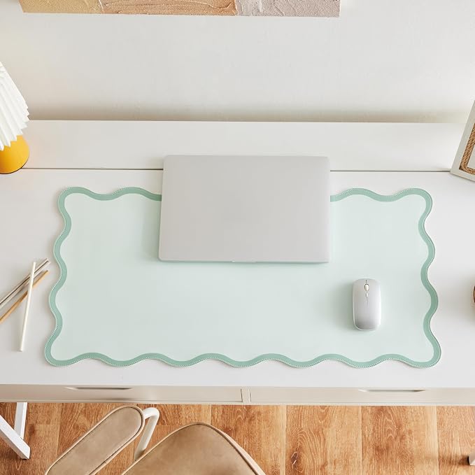 Scalloped Desk Mat, 31.5" x 15.7", PU Leather, Waterproof Anti-Slip, Cute Aesthetic Desk Pad for Office/Home/Game/Vanity (Sage, 31.5" x 15.7")
