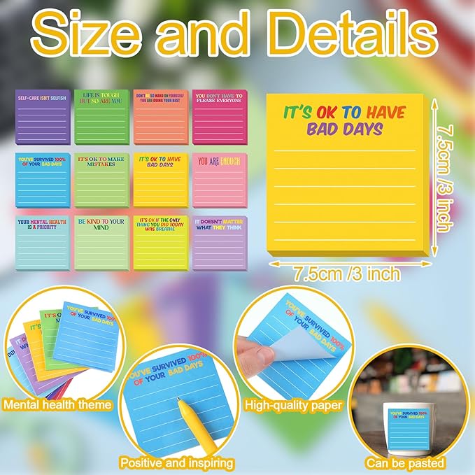Yinder 24 Pcs Inspirational Sticky Notes Thank You Gift Motivational Sticky Note Pad Employee Appreciation Gift Bulk for Staff Coworker Teacher Nurse Office Groups 3 x 3'' (Mental Health,Dark Color)
