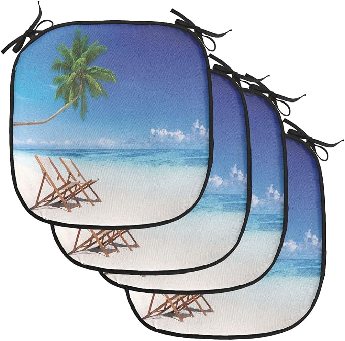 Lunarable Coastal Chair Cushion Pads Set of 4, Havana Paradise Beach Exotic Travel Locations in The Morning Tropical Climate, Anti-Slip Seat Padding for Kitchen & Patio, 16"x16", Blue Brown White